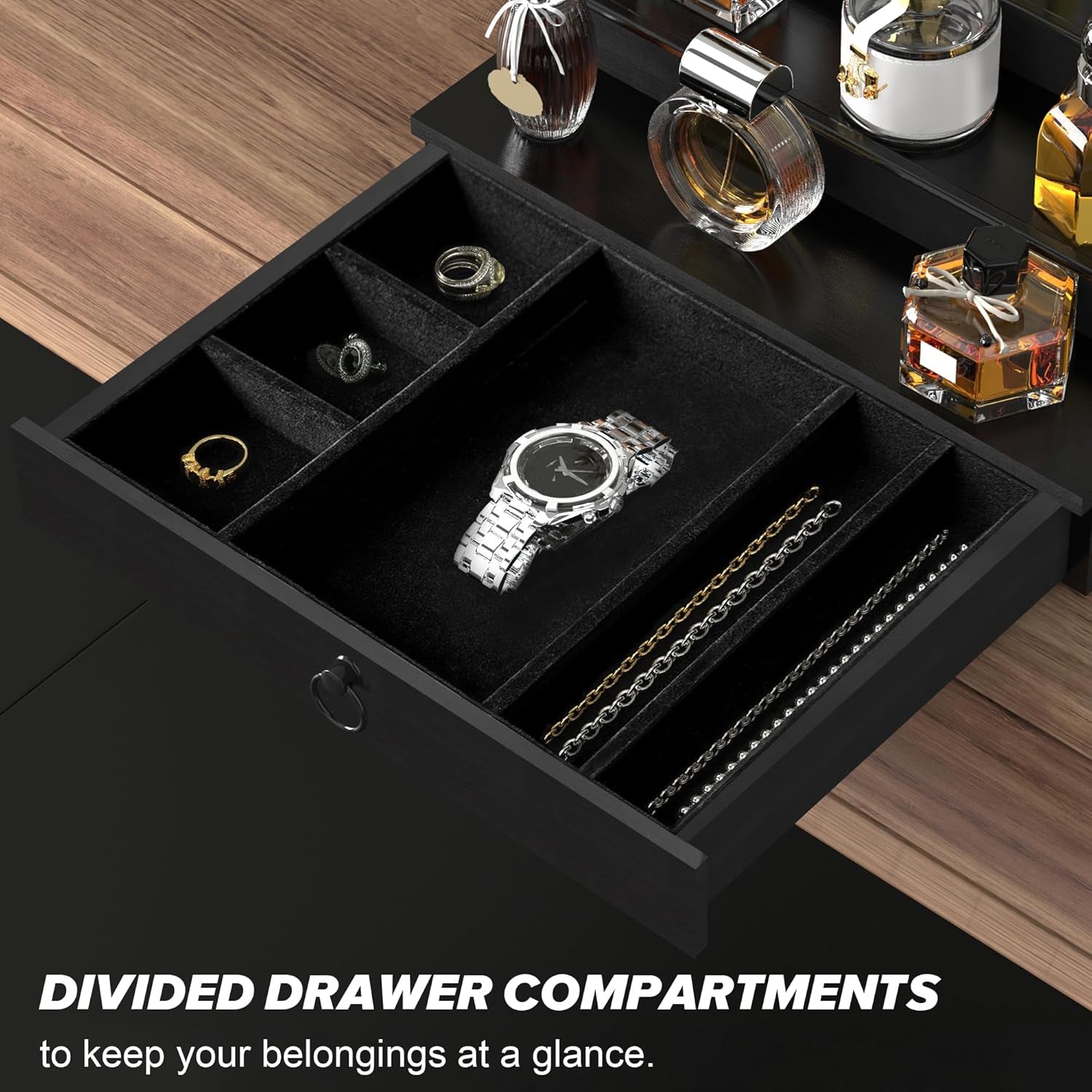 Cologne Organizer for Men, 3 Tier Wood Perfume Organizer with Felt Lining Drawer and Hidden Compartment, Black Perfume Display Holder, a Gift for Men