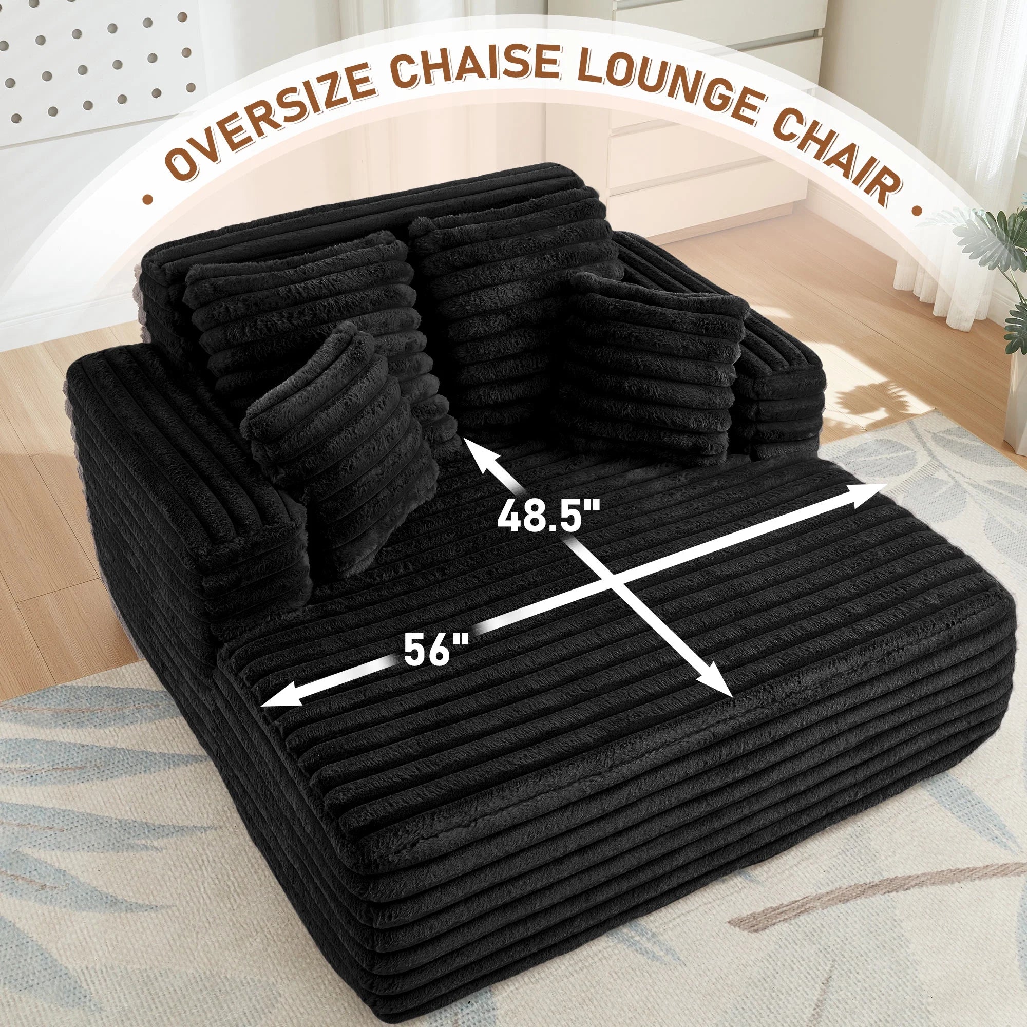 Oversized Chaise Lounge Chair Indoor Furniture, No Assembly Required, Plush Corduroy Upholstered Sofa Bed Cozy Sleeper Couch for Living Room, Bedroom, Black