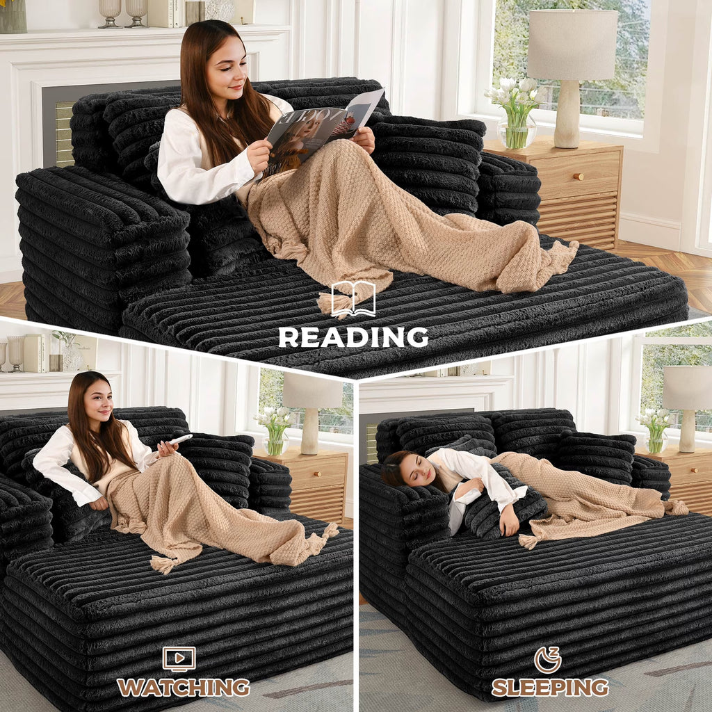 Oversized Chaise Lounge Chair Indoor Furniture, No Assembly Required, Plush Corduroy Upholstered Sofa Bed Cozy Sleeper Couch for Living Room, Bedroom, Black