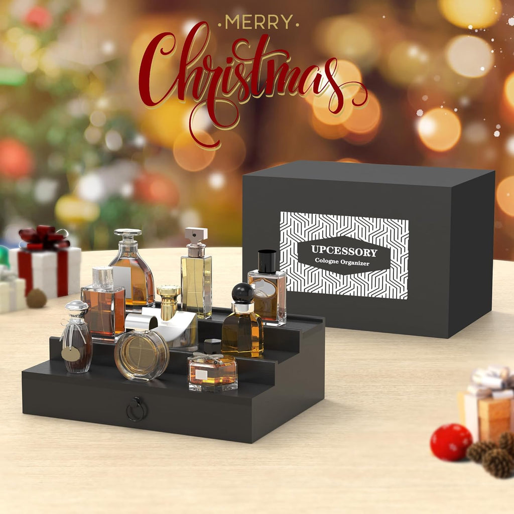 Cologne Organizer for Men, 3 Tier Wood Perfume Organizer with Felt Lining Drawer and Hidden Compartment, Black Perfume Display Holder, a Gift for Men