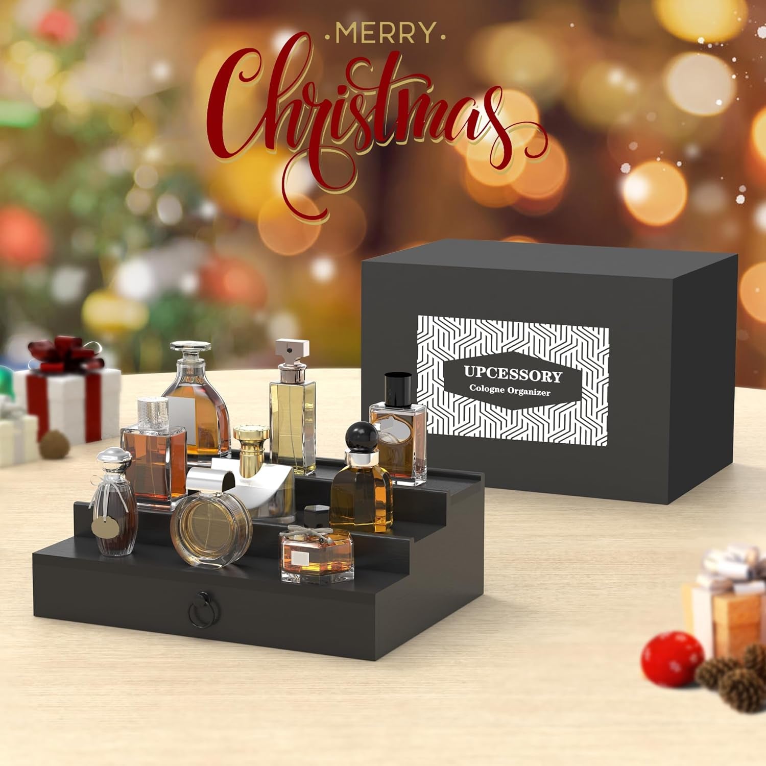 Cologne Organizer for Men, 3 Tier Wood Perfume Organizer with Felt Lining Drawer and Hidden Compartment, Black Perfume Display Holder, a Gift for Men