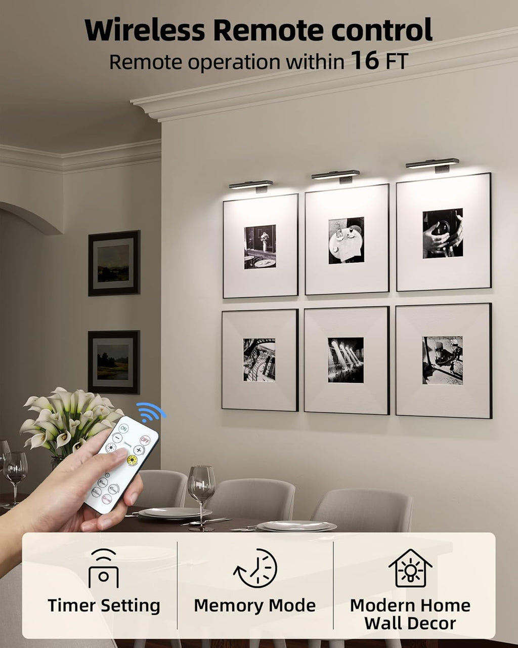 Picture Light for Wall, Rechargeable 2400Mah Battery Lights Wireless with IR Remote, 3 Color & Dimmable Magnetic 7.87'' LED Lights Display for Painting, Living Room, Gallery, Bedroom(Black-2P)