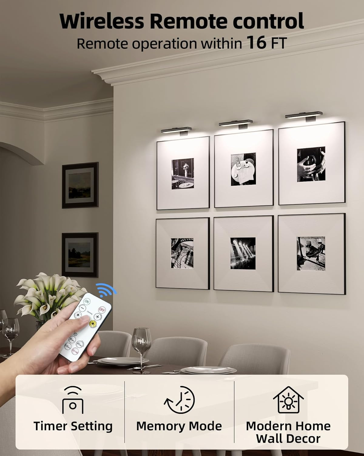 Picture Light for Wall, Rechargeable 2400Mah Battery Lights Wireless with IR Remote, 3 Color & Dimmable Magnetic 7.87'' LED Lights Display for Painting, Living Room, Gallery, Bedroom(Black-2P)