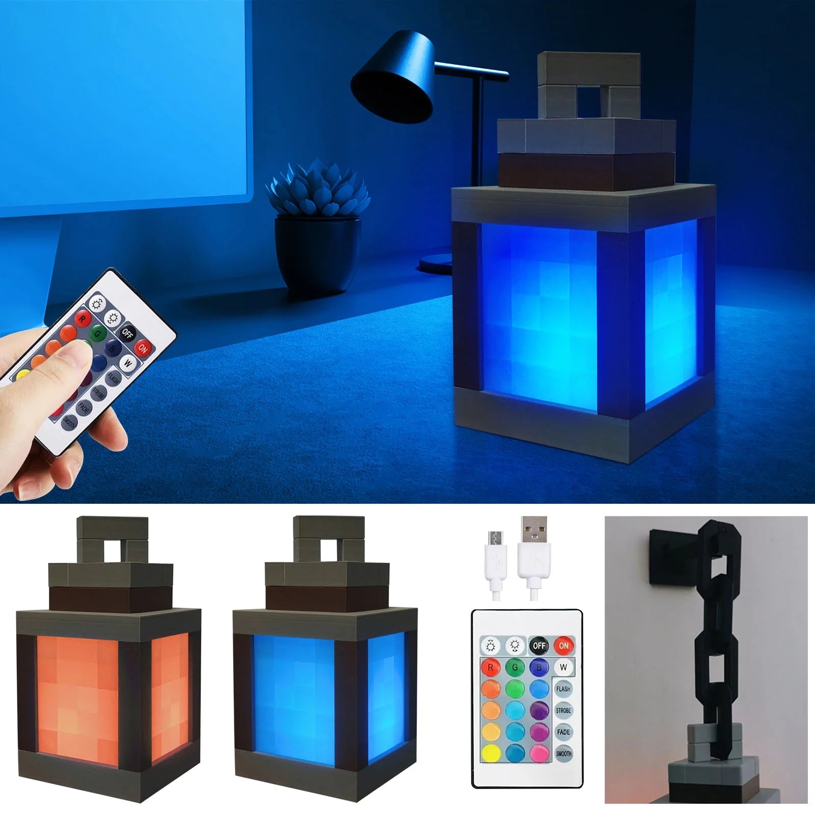 XMMSWDLA 16-Color Pixelated Lantern Night Light - Rechargeable LED Mood Lamp with Touch Switch & Remote Control, Mountable Wall/Table Light for Cosplay, Boys' Room Decor (Includes Chain & Bracket)