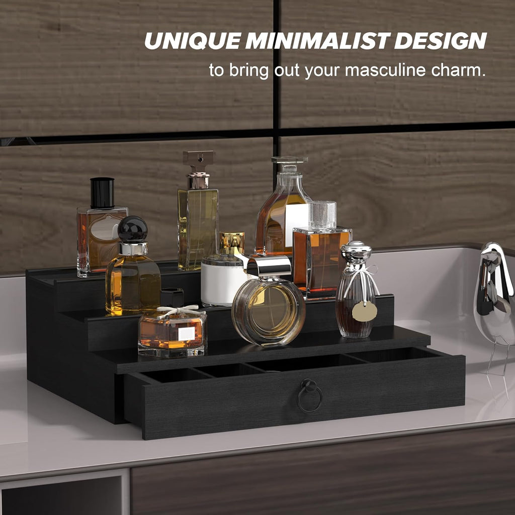 Cologne Organizer for Men, 3 Tier Wood Perfume Organizer with Felt Lining Drawer and Hidden Compartment, Black Perfume Display Holder, a Gift for Men