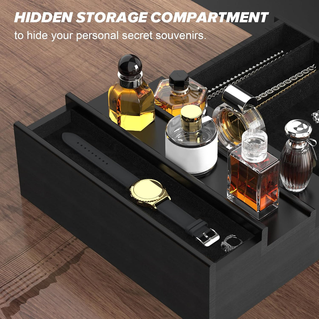 Cologne Organizer for Men, 3 Tier Wood Perfume Organizer with Felt Lining Drawer and Hidden Compartment, Black Perfume Display Holder, a Gift for Men