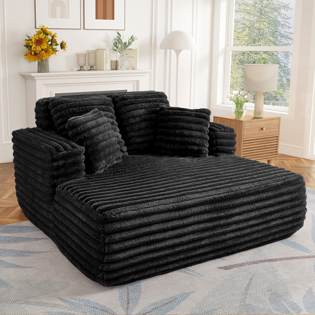 Oversized Chaise Lounge Chair Indoor Furniture, No Assembly Required, Plush Corduroy Upholstered Sofa Bed Cozy Sleeper Couch for Living Room, Bedroom, Black
