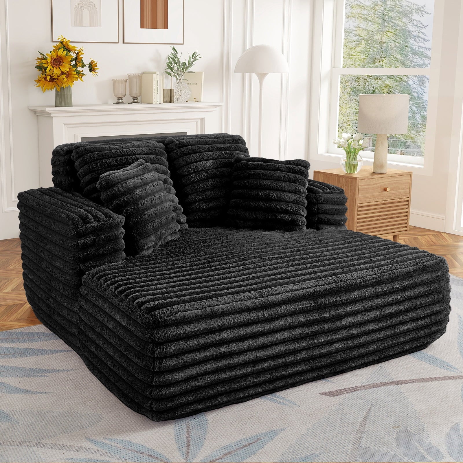 Oversized Chaise Lounge Chair Indoor Furniture, No Assembly Required, Plush Corduroy Upholstered Sofa Bed Cozy Sleeper Couch for Living Room, Bedroom, Black