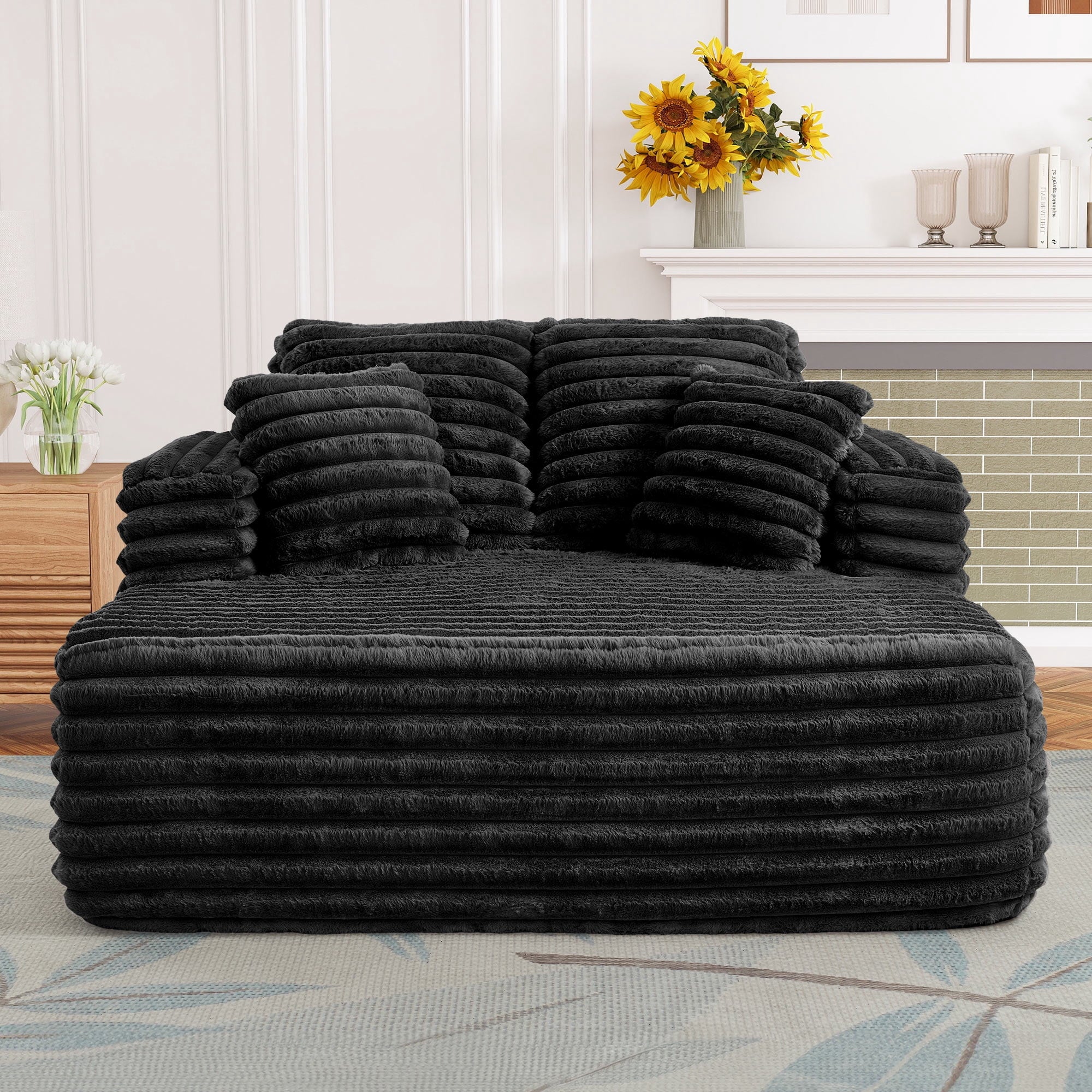 Oversized Chaise Lounge Chair Indoor Furniture, No Assembly Required, Plush Corduroy Upholstered Sofa Bed Cozy Sleeper Couch for Living Room, Bedroom, Black