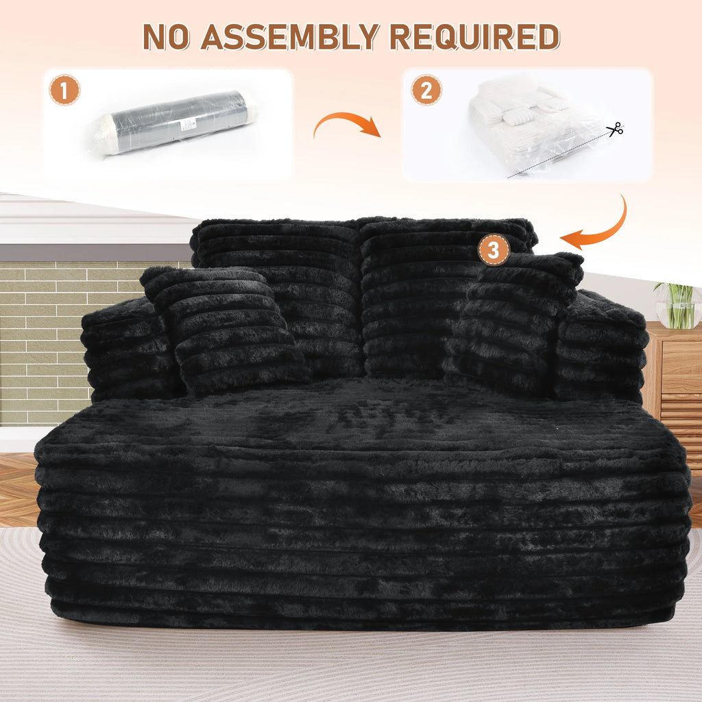 Oversized Chaise Lounge Chair Indoor Furniture, No Assembly Required, Plush Corduroy Upholstered Sofa Bed Cozy Sleeper Couch for Living Room, Bedroom, Black