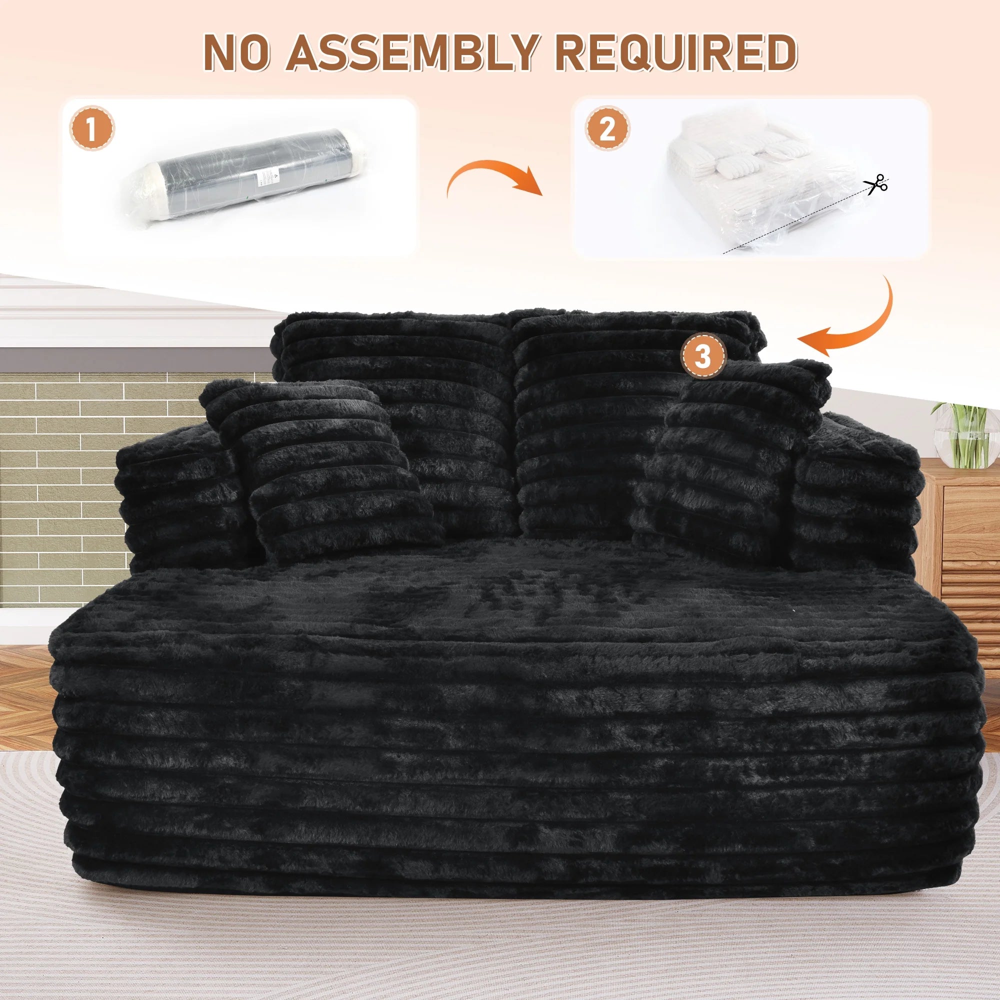 Oversized Chaise Lounge Chair Indoor Furniture, No Assembly Required, Plush Corduroy Upholstered Sofa Bed Cozy Sleeper Couch for Living Room, Bedroom, Black