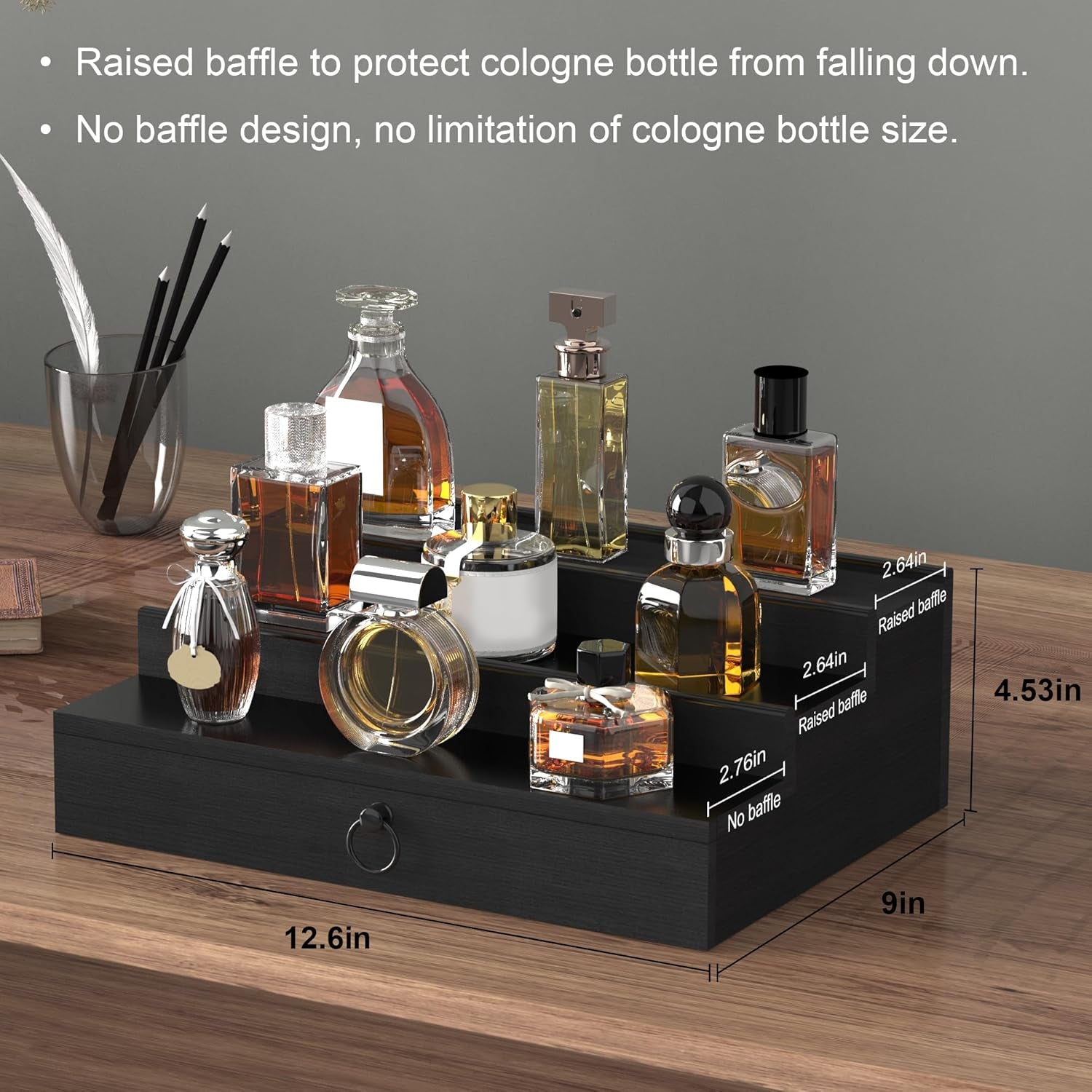 Cologne Organizer for Men, 3 Tier Wood Perfume Organizer with Felt Lining Drawer and Hidden Compartment, Black Perfume Display Holder, a Gift for Men