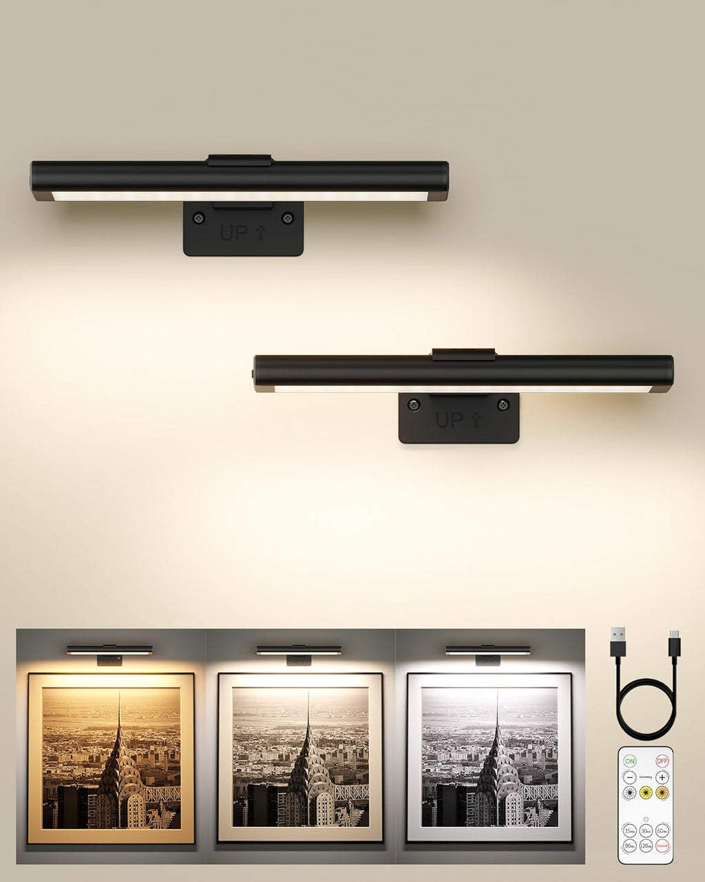 Picture Light for Wall, Rechargeable 2400Mah Battery Lights Wireless with IR Remote, 3 Color & Dimmable Magnetic 7.87'' LED Lights Display for Painting, Living Room, Gallery, Bedroom(Black-2P)