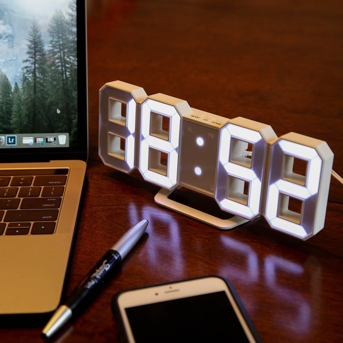 Minimalist LED Clock with 3 Adjustable Brightness Levels and AC/DC Power Adapter - Digital LED Desk Clock | Wall Clock | Alarm Clock - White
