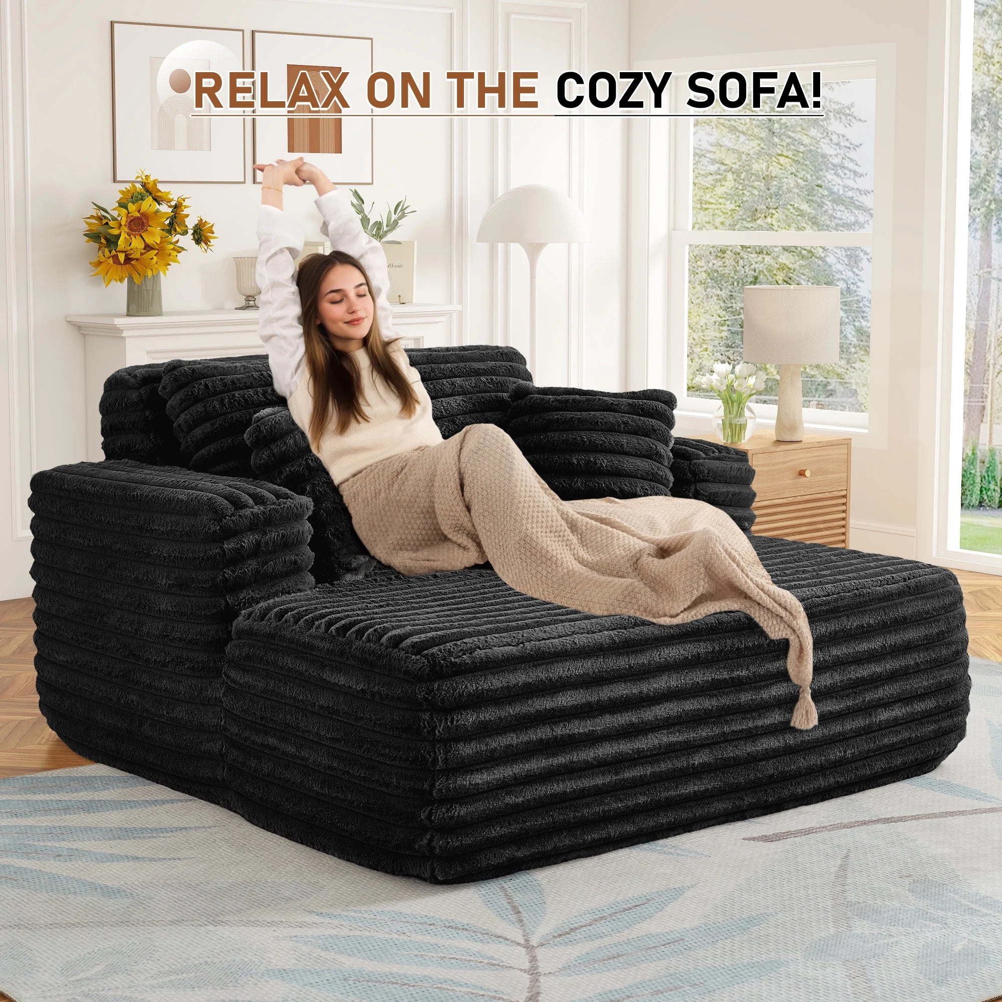 Oversized Chaise Lounge Chair Indoor Furniture, No Assembly Required, Plush Corduroy Upholstered Sofa Bed Cozy Sleeper Couch for Living Room, Bedroom, Black