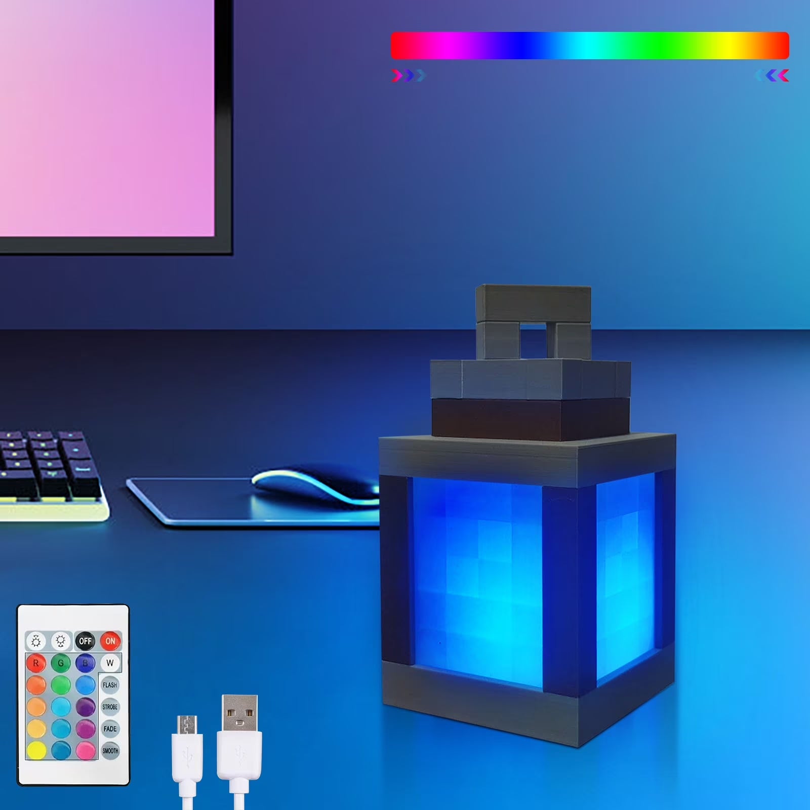 XMMSWDLA 16-Color Pixelated Lantern Night Light - Rechargeable LED Mood Lamp with Touch Switch & Remote Control, Mountable Wall/Table Light for Cosplay, Boys' Room Decor (Includes Chain & Bracket)