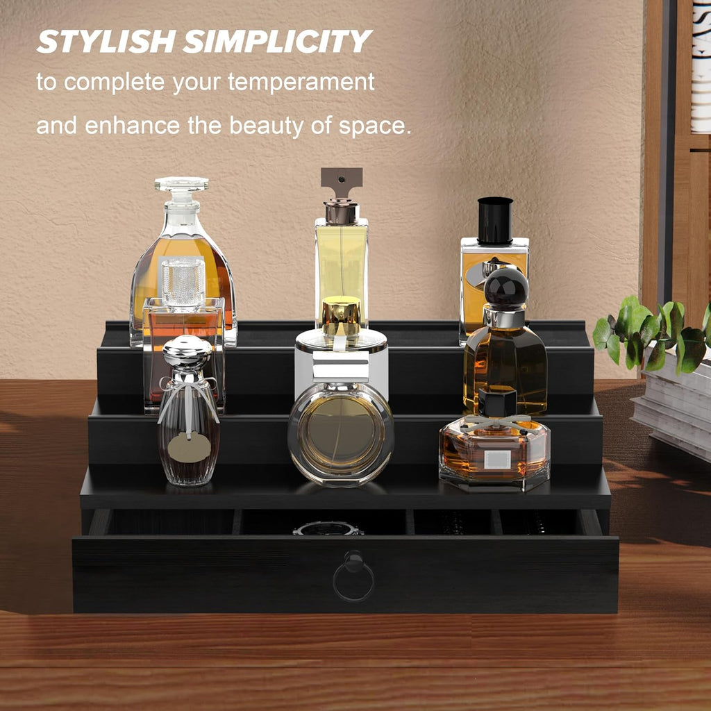 Cologne Organizer for Men, 3 Tier Wood Perfume Organizer with Felt Lining Drawer and Hidden Compartment, Black Perfume Display Holder, a Gift for Men