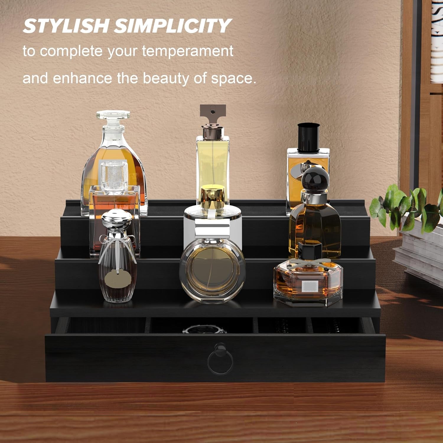 Cologne Organizer for Men, 3 Tier Wood Perfume Organizer with Felt Lining Drawer and Hidden Compartment, Black Perfume Display Holder, a Gift for Men