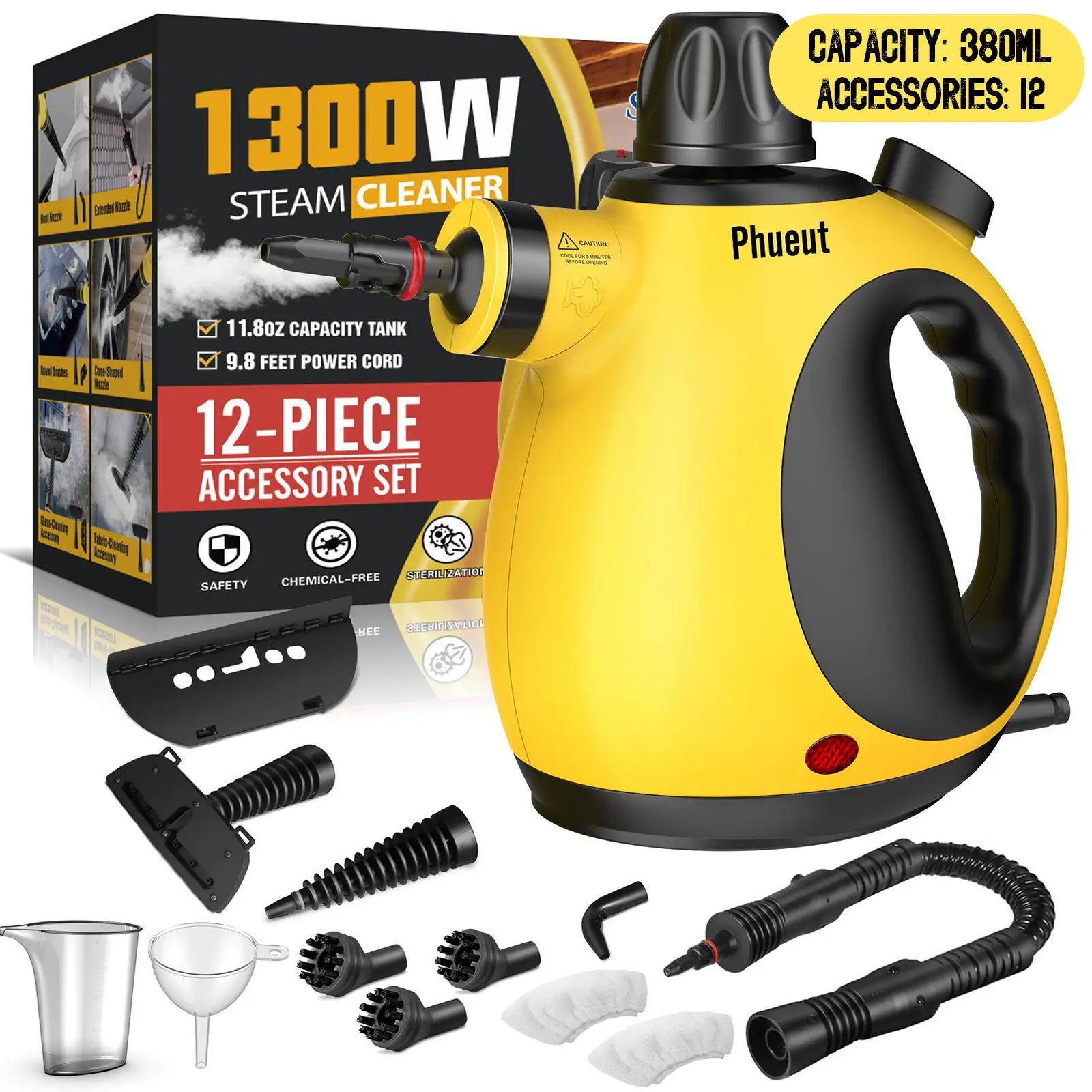 Phueut Pressurized Handheld Natural Steam Cleaner with 12 Replacement Parts - Handheld Steam Cleaning Tool for Home, Kitchen - Ideal Mother'S Day Gift Ideas for Mom, Mothers Day Gift Ideas, Home Accessories,Summerwins Summerwins