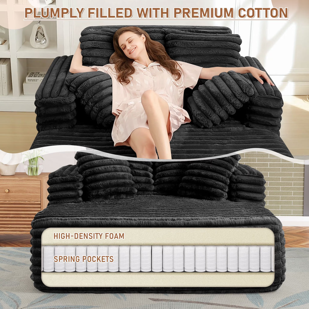 Oversized Chaise Lounge Chair Indoor Furniture, No Assembly Required, Plush Corduroy Upholstered Sofa Bed Cozy Sleeper Couch for Living Room, Bedroom, Black
