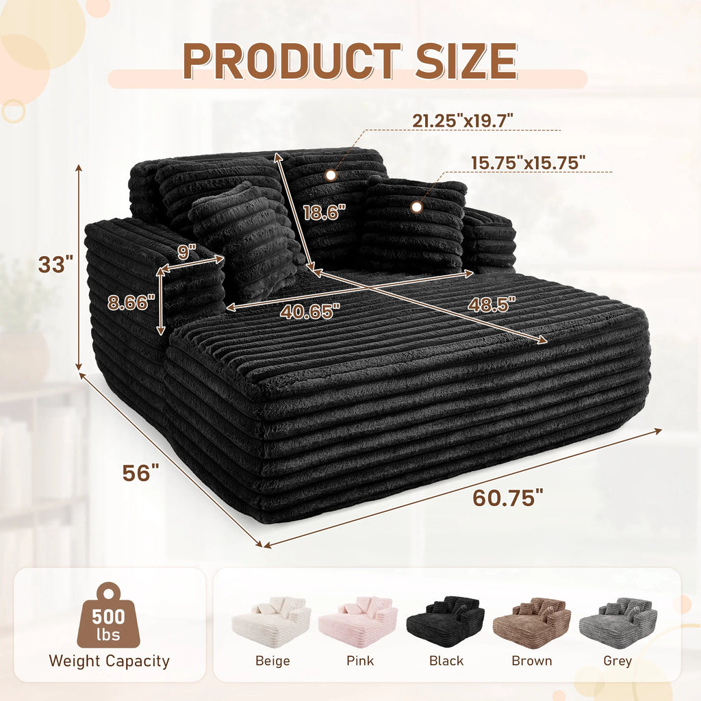 Oversized Chaise Lounge Chair Indoor Furniture, No Assembly Required, Plush Corduroy Upholstered Sofa Bed Cozy Sleeper Couch for Living Room, Bedroom, Black