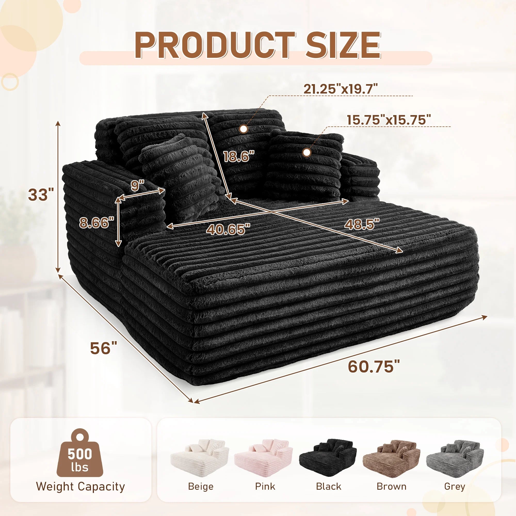 Oversized Chaise Lounge Chair Indoor Furniture, No Assembly Required, Plush Corduroy Upholstered Sofa Bed Cozy Sleeper Couch for Living Room, Bedroom, Black