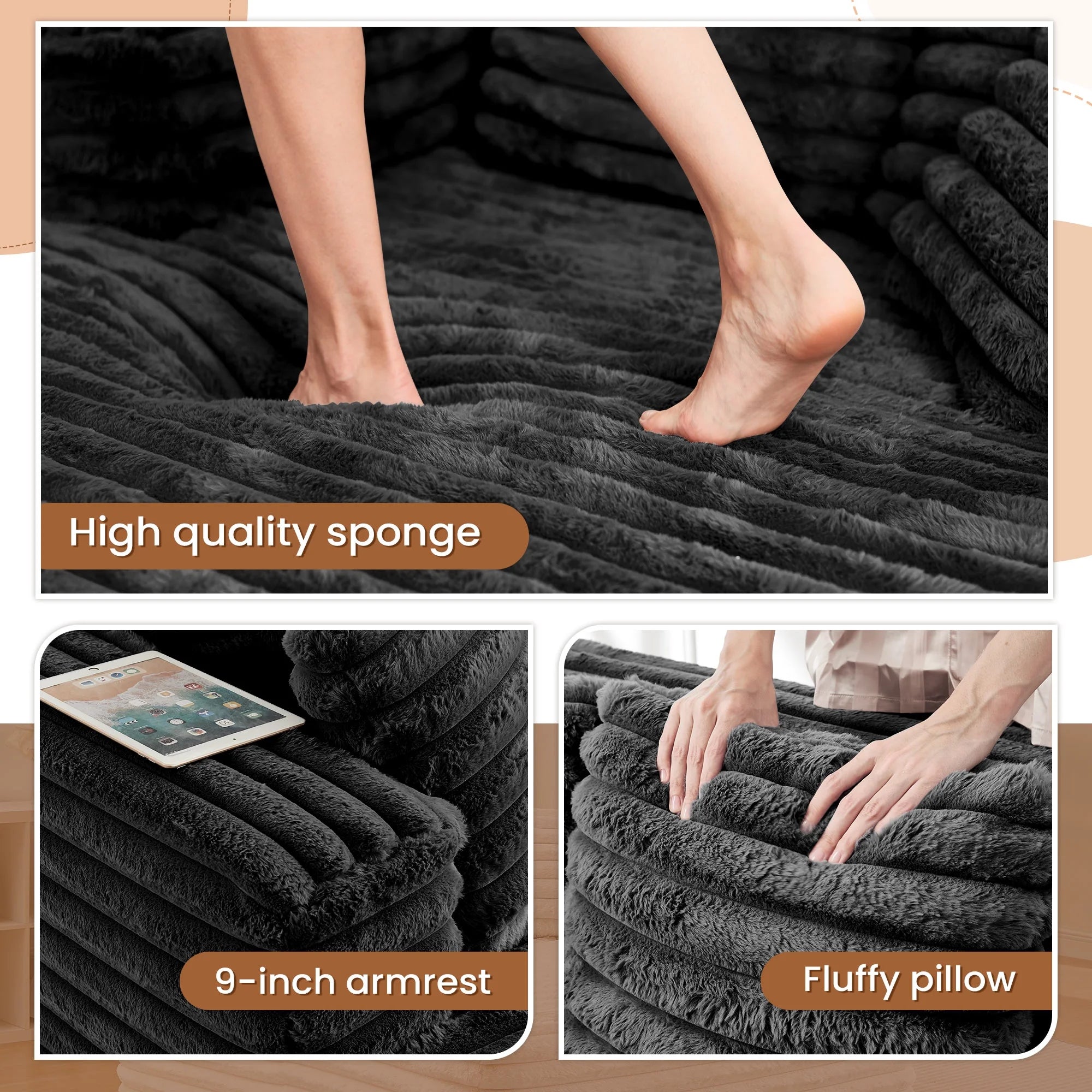 Oversized Chaise Lounge Chair Indoor Furniture, No Assembly Required, Plush Corduroy Upholstered Sofa Bed Cozy Sleeper Couch for Living Room, Bedroom, Black