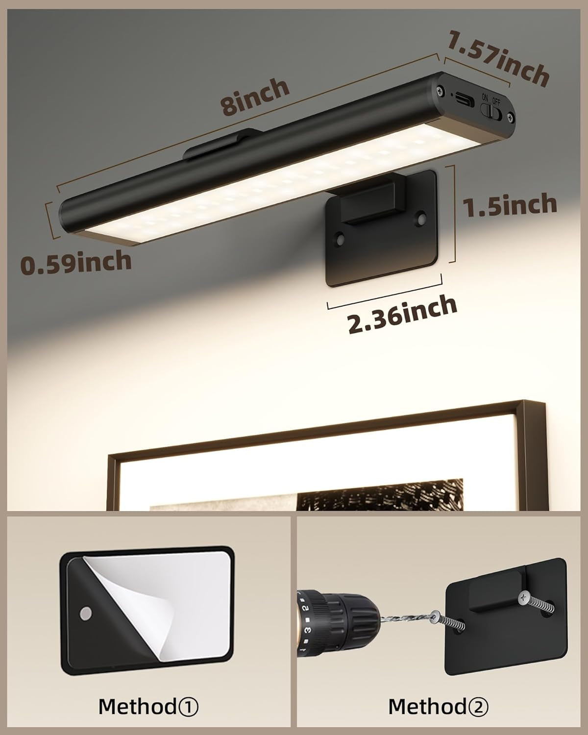 Picture Light for Wall, Rechargeable 2400Mah Battery Lights Wireless with IR Remote, 3 Color & Dimmable Magnetic 7.87'' LED Lights Display for Painting, Living Room, Gallery, Bedroom(Black-2P)