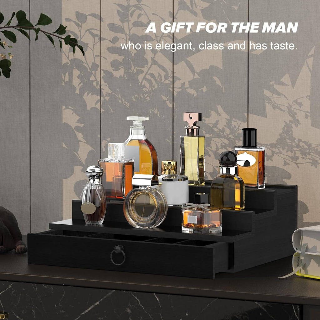 Cologne Organizer for Men, 3 Tier Wood Perfume Organizer with Felt Lining Drawer and Hidden Compartment, Black Perfume Display Holder, a Gift for Men